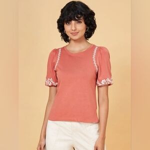 Honey by Pantaloons Coral Pink Cotton Embroidered Top Women's 100% Cotton EUC